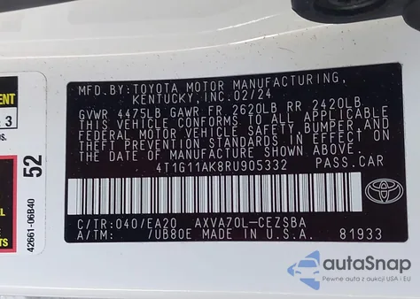 2024 Toyota Camry Se z USA, uszkodzony, nr VIN 4T1G11AK8RU905332